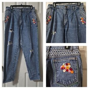 Vintage 90s Bill Blass Upcycled High Waisted Pleated Mom Jeans, Embroidered.